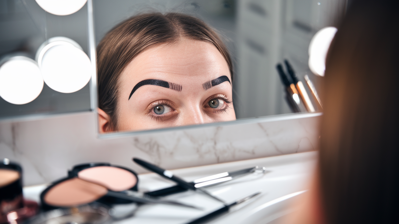 Create a realistic image of a white female's eyebrows in close-up, showing one eyebrow perfectly groomed and the other overplucked and misshapen, with makeup tools and tweezers scattered nearby on a vanity table, soft bathroom lighting, and a mirror reflection partially visible in the background.