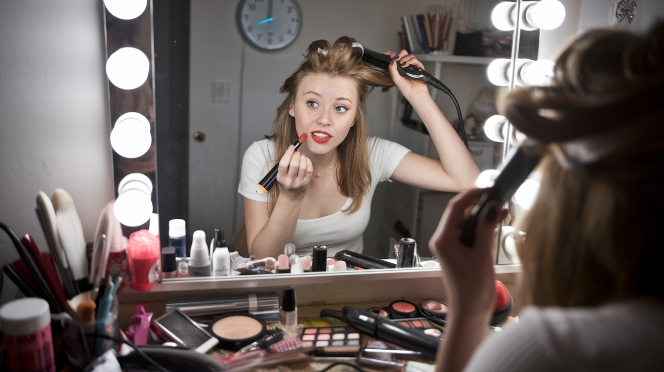 Create a realistic image of a young white female sitting at a cluttered vanity mirror, frantically applying bright red lipstick with one hand while holding a curling iron in her hair with the other, surrounded by scattered makeup products and beauty tools, with a clock in the background showing 7:55 PM, conveying a sense of urgency and last-minute preparation.