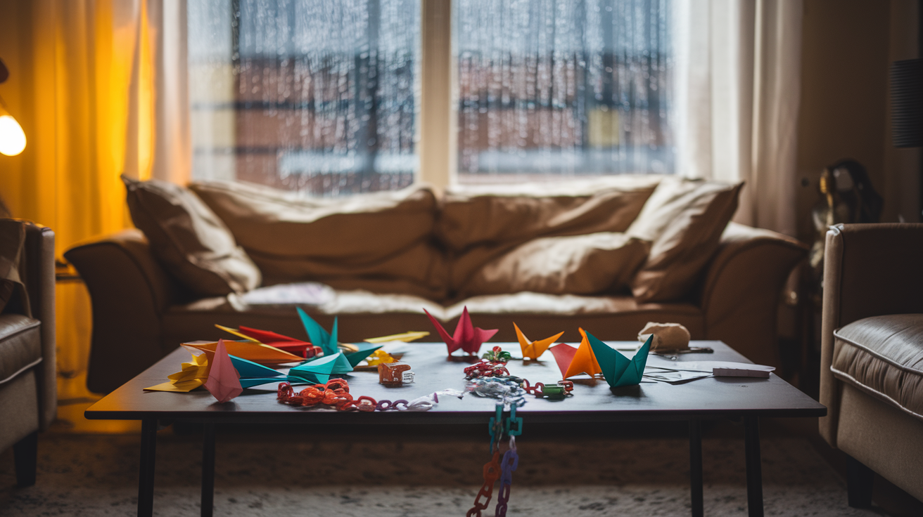 Create a realistic image of a cozy living room on a rainy day, with a coffee table covered in colorful origami creations, paper airplanes, and a half-finished paper chain. A large window shows raindrops streaming down, while warm, soft lighting illuminates the room, creating a comforting atmosphere for indoor crafting.