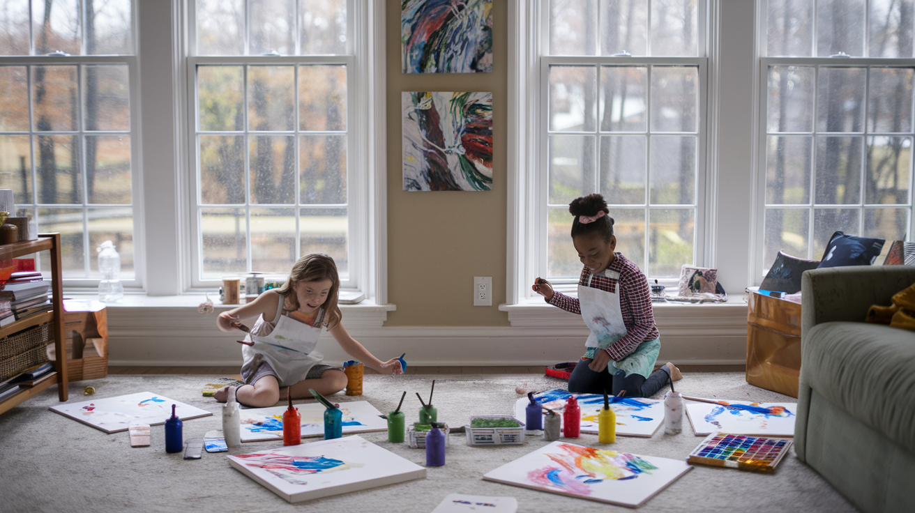 Create a realistic image of a cozy living room with large windows showing a rainy day outside, where a white female child and a black female child, both around 8 years old, are sitting on the floor surrounded by colorful paints, brushes, and canvases, enthusiastically working on their individual painting projects, with completed artwork hanging on the walls in the background.