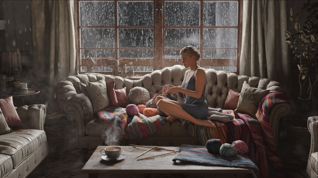 Create a realistic image of a cozy living room with soft, warm lighting, featuring a white female in her 30s sitting on a plush sofa, surrounded by colorful yarn balls, knitting needles, and half-finished textile projects. A large window in the background shows heavy rain outside, emphasizing the indoor comfort. The room has a rustic feel with wooden accents and a steaming cup of tea on a nearby coffee table.
