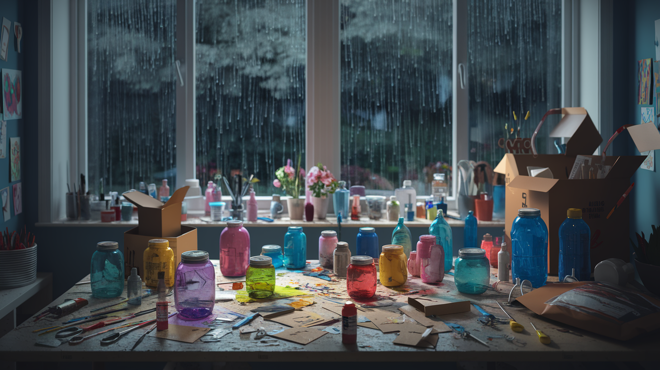 Create a realistic image of a messy indoor craft table covered with colorful upcycled household items like empty jars, cardboard boxes, and plastic bottles, surrounded by paint, glue, and scissors, with a large window in the background showing heavy rain outside, creating a cozy and creative atmosphere.