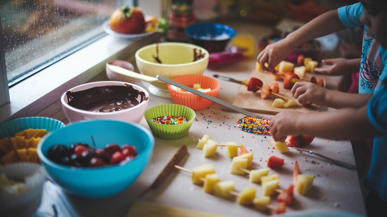 Create a realistic image of a kitchen countertop with colorful ingredients and utensils scattered about, including bowls of melted chocolate, sprinkles, and fruit slices, with small hands of children visible working on decorating cupcakes and making fruit kebabs, soft indoor lighting, and a rain-streaked window visible in the background.