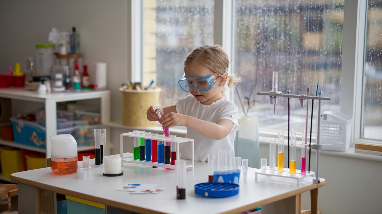 Create a realistic image of a well-lit indoor playroom with a white female child wearing safety goggles, mixing colorful liquids in test tubes on a table covered with scientific equipment, surrounded by craft supplies, with a rainy window visible in the background, conveying a sense of curiosity and excitement.