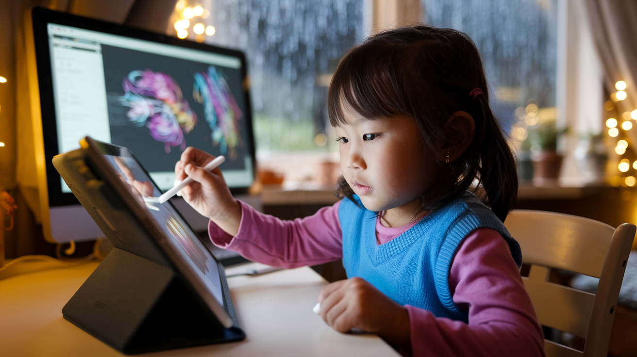 Create a realistic image of a young Asian girl, around 10 years old, sitting at a desk with a tablet computer, stylus in hand, creating digital art on the screen. The room is cozy with warm lighting, and colorful digital drawings are displayed on a monitor behind her. A window in the background shows rain falling outside, emphasizing the indoor setting.