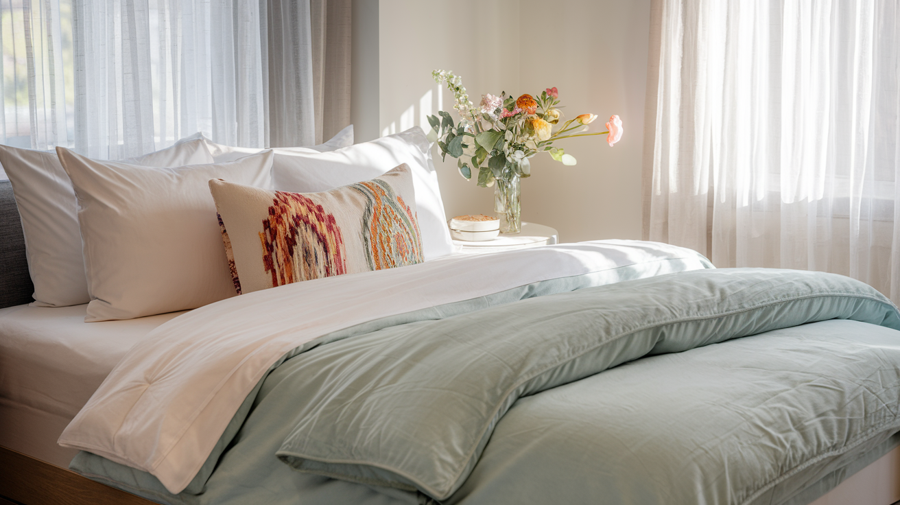 Create a realistic image of a cozy bedroom with a freshly made bed featuring crisp white sheets, a plush light blue comforter, and colorful decorative pillows. A small bedside table holds a vase with budget-friendly flowers, while sunlight streams through sheer curtains, highlighting the room's inviting atmosphere and affordable upgrades.