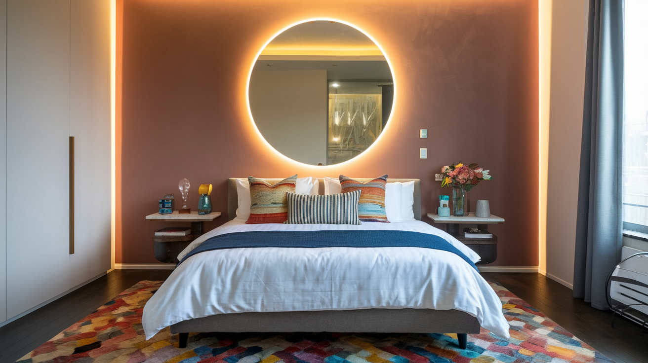 Create a realistic image of a modern bedroom with an accent wall featuring a large round mirror, colorful throw pillows on the bed, a vibrant area rug, and small decorative items on the nightstand including a vase with flowers, all illuminated by warm ambient lighting to showcase budget-friendly accessorizing.