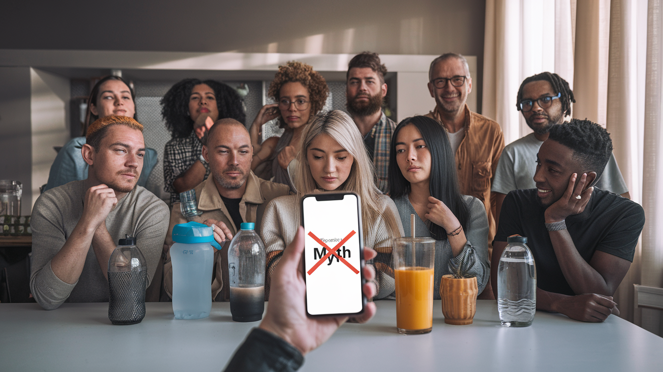 Create a realistic image of a diverse group of people (including white, black, and Asian males and females) gathered around a table with various drink containers, examining them with skeptical expressions. In the foreground, a hand holds a smartphone displaying a hydration myth being crossed out. The background shows a modern kitchen with soft, natural lighting coming through a window.