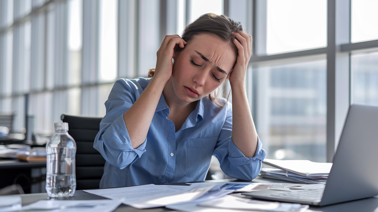Create a realistic image of a dehydrated white female in her 30s sitting at a desk, looking tired and holding her head, with a small empty water bottle nearby, surrounded by scattered papers and a laptop, in a bright office setting with large windows, showcasing visible signs of dehydration such as dry lips and dark under-eye circles.
