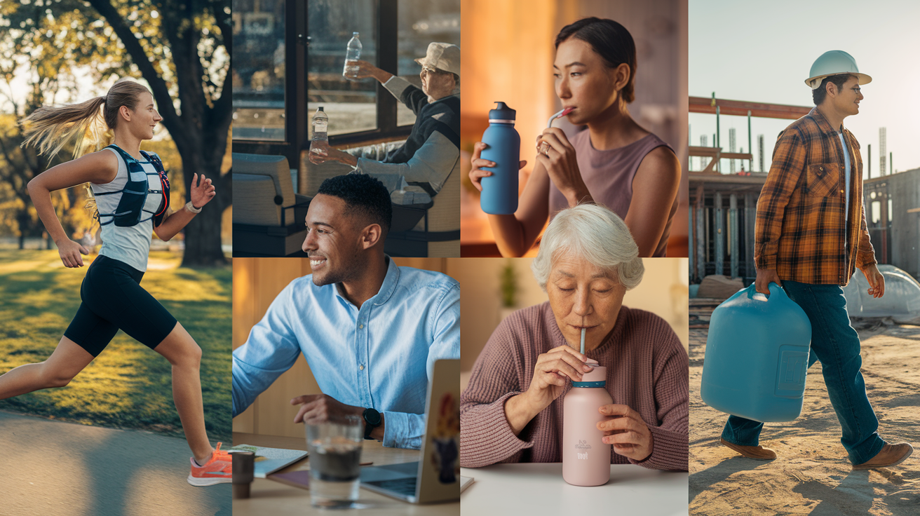 Create a realistic image of a diverse group of people engaged in various activities, each with different water bottles or hydration methods: a white female jogger with a hydration pack, a black male office worker with a smart water bottle on his desk, an Asian elderly person sipping from a straw, and a Hispanic construction worker with a large insulated jug, all set against a backdrop showcasing different environments like a park, office, home, and construction site, with a warm lighting emphasizing the importance of tailored hydration.