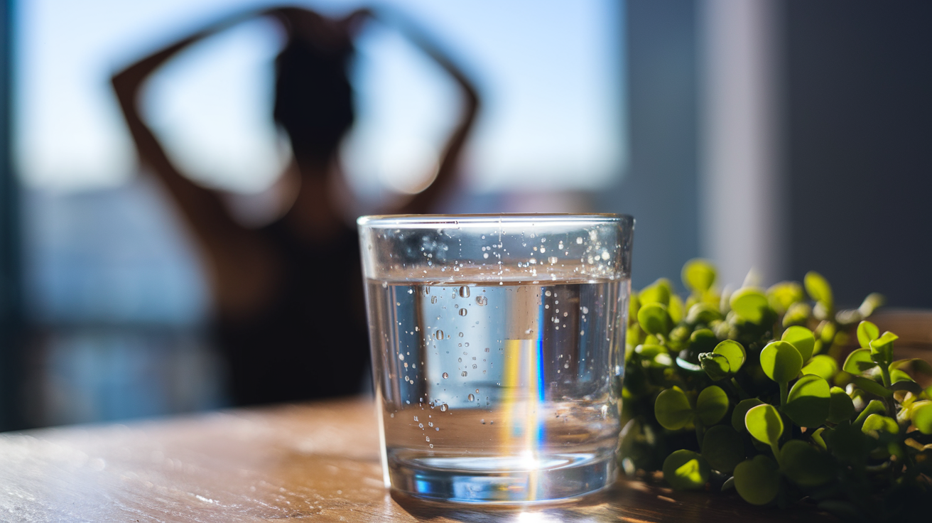 Create a realistic image of a glass of clear water with droplets on its surface, placed on a wooden table next to a vibrant green plant. A beam of sunlight illuminates the glass, creating a rainbow prism effect. In the background, a blurred silhouette of a person stretching their arms, symbolizing vitality and energy.