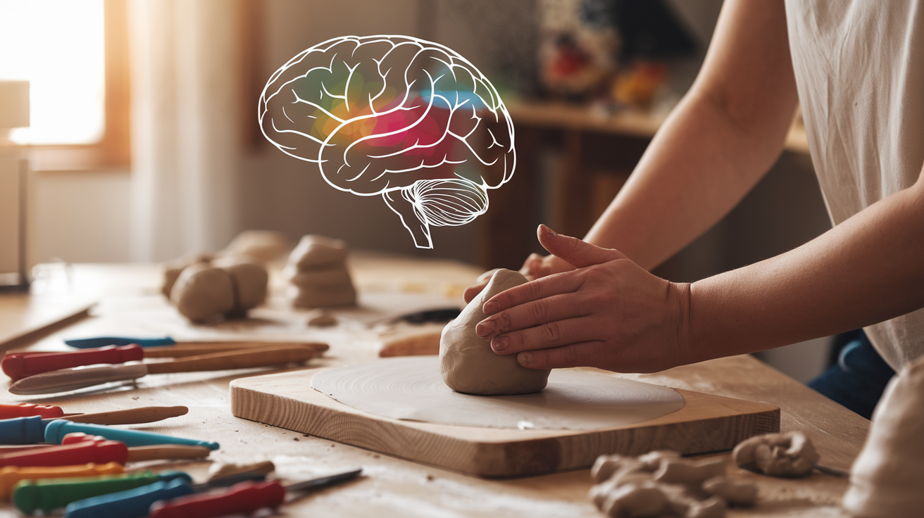 Create a realistic image of a white female's hands molding clay on a wooden table, with a brain diagram in the background showing highlighted areas of reduced stress, soft warm lighting, and a variety of colorful clay tools scattered nearby, conveying a calm and focused atmosphere.