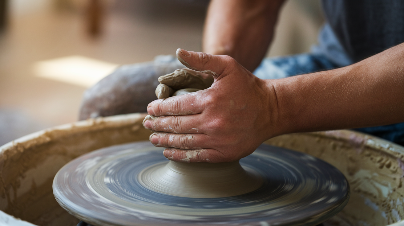 Create a realistic image of hands molding clay on a pottery wheel, focusing on the wrists and forearms to highlight muscle engagement, with a soft, warm light illuminating the scene, and a blurred background of a peaceful pottery studio.