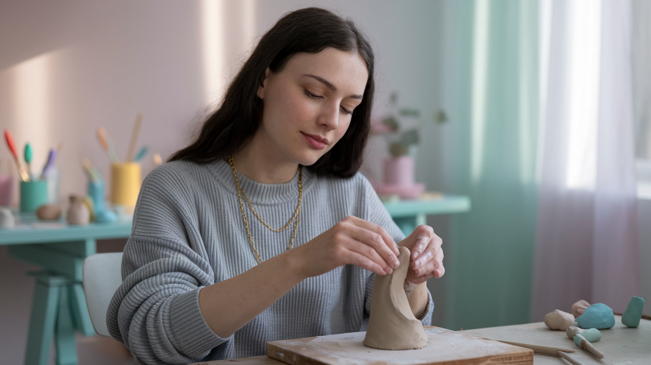 Create a realistic image of a white female's hands molding a small clay sculpture, with a serene expression visible on her face in the background, surrounded by various colorful clay tools and a calming pastel workspace, soft natural lighting streaming in from a nearby window, conveying a sense of relaxation and mental well-being.