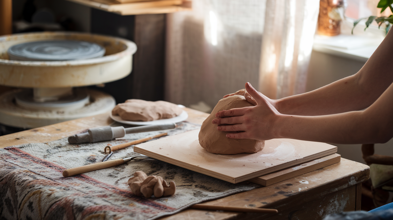 Create a realistic image of a white female's hands working with a lump of light brown clay on a wooden table, with various clay sculpting tools scattered nearby, a pottery wheel in the background, and soft natural light streaming through a window, creating a warm and inviting atmosphere in a cozy home studio.