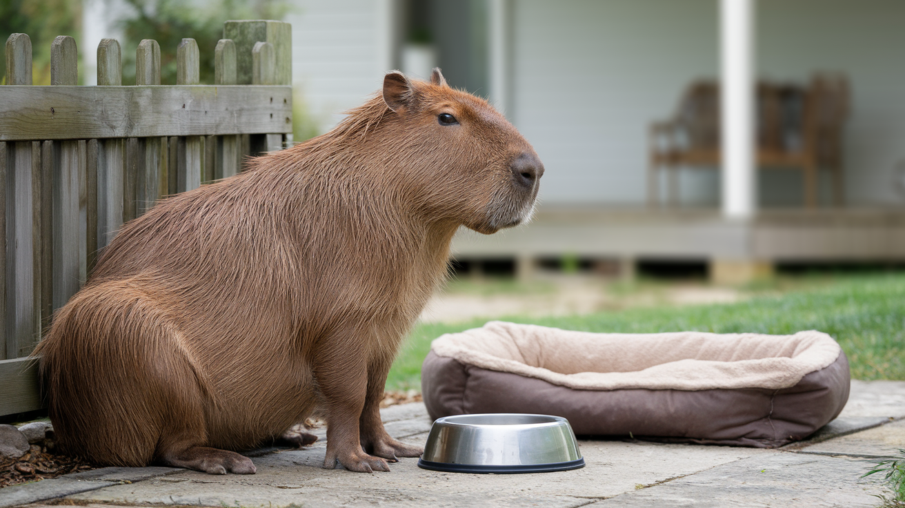 Create a realistic image of a large capybara sitting calmly in a spacious backyard, next to a wooden fence, with a comfortable-looking dog bed and water bowl nearby, suggesting its role as a pet. The capybara's fur should be visibly coarse and brown, with a gentle expression on its face. In the background, blur a house porch to indicate a domestic setting.