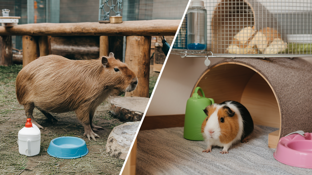Create a realistic image of a split-screen comparison showing a capybara enclosure on the left and a guinea pig cage on the right, both with cleaning supplies nearby, food bowls, water bottles, and toys, emphasizing the difference in size and care requirements between the two animals, with soft natural lighting and a neutral background.