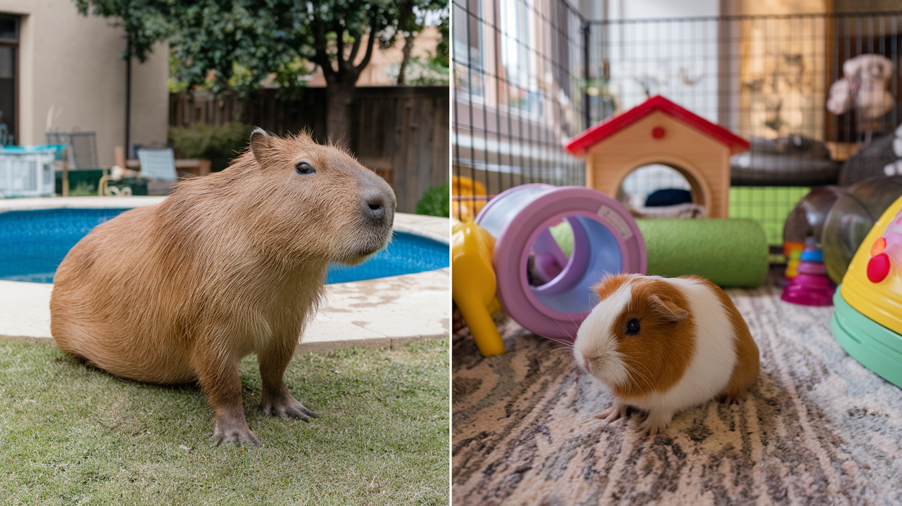 Create a realistic image of a split-screen comparison showing a capybara and a guinea pig in separate home environments. On the left, a capybara relaxes in a spacious backyard with a small pool, while on the right, a guinea pig sits in a cozy indoor cage with toys. Both animals appear content, highlighting their different lifestyle needs.