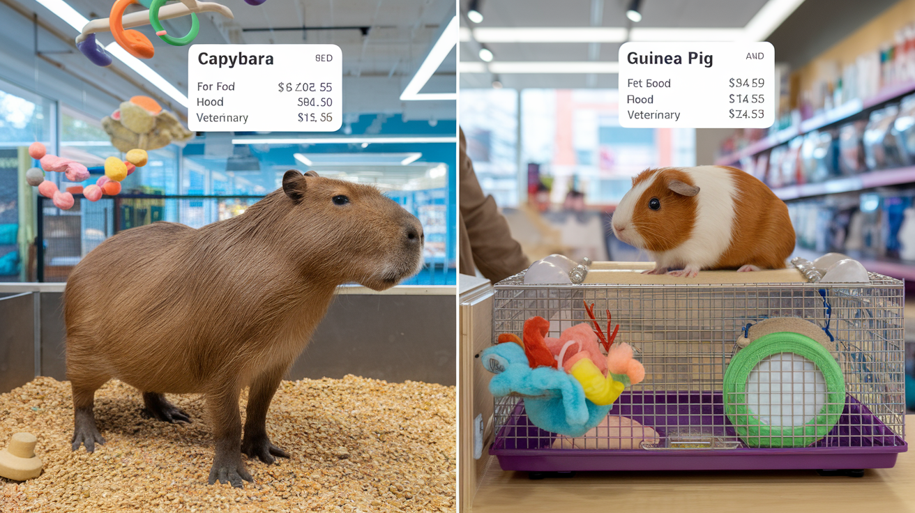 Create a realistic image of a split-screen comparing a capybara and a guinea pig, each in a pet store setting. On the left, a capybara in a large enclosure with expensive-looking toys and feed. On the right, a guinea pig in a smaller cage with basic accessories. Above each animal, floating price tags and cost breakdowns for food, housing, and veterinary care. The background should resemble a well-lit pet store interior with shelves of pet supplies.