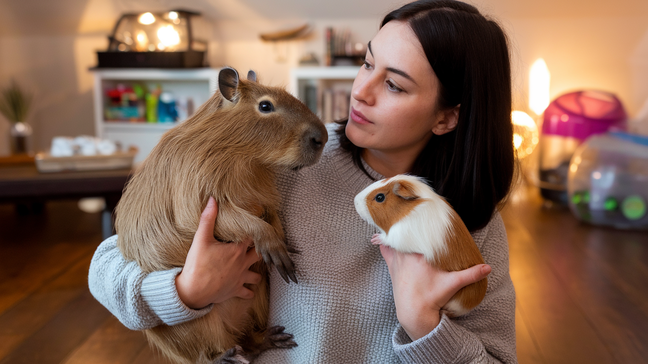Create a realistic image of a white female holding a capybara in one arm and a guinea pig in the other, looking thoughtful as she gazes between them, set in a cozy living room with pet supplies visible in the background, warm lighting emphasizing the decision-making process.