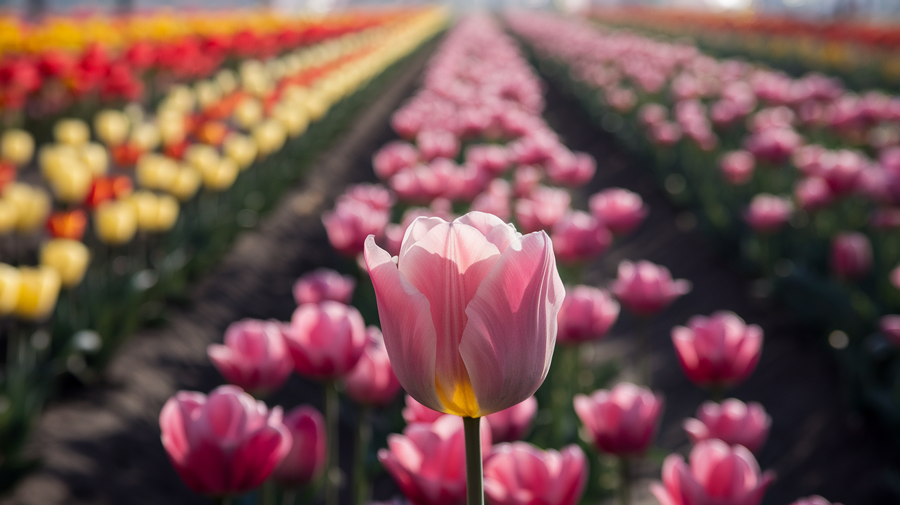 Create a realistic image of a vibrant tulip field with rows of colorful tulips stretching to the horizon, featuring red, yellow, and pink varieties in full bloom. A soft, golden sunlight illuminates the scene, casting gentle shadows and highlighting the delicate petals. In the foreground, a close-up of a single, perfect tulip stands out, showcasing its velvety texture and elegant shape. A light breeze is suggested by slightly bent tulip stems, adding movement to the scene.