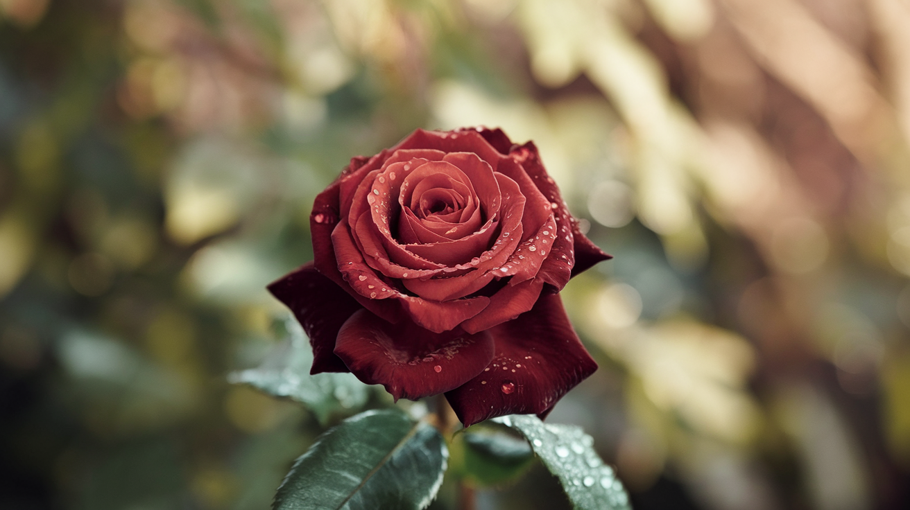 Create a realistic image of a single, perfectly bloomed red rose against a soft-focus background of lush green foliage, with dewdrops glistening on its velvety petals, capturing the timeless elegance and beauty of the flower in natural, warm lighting.