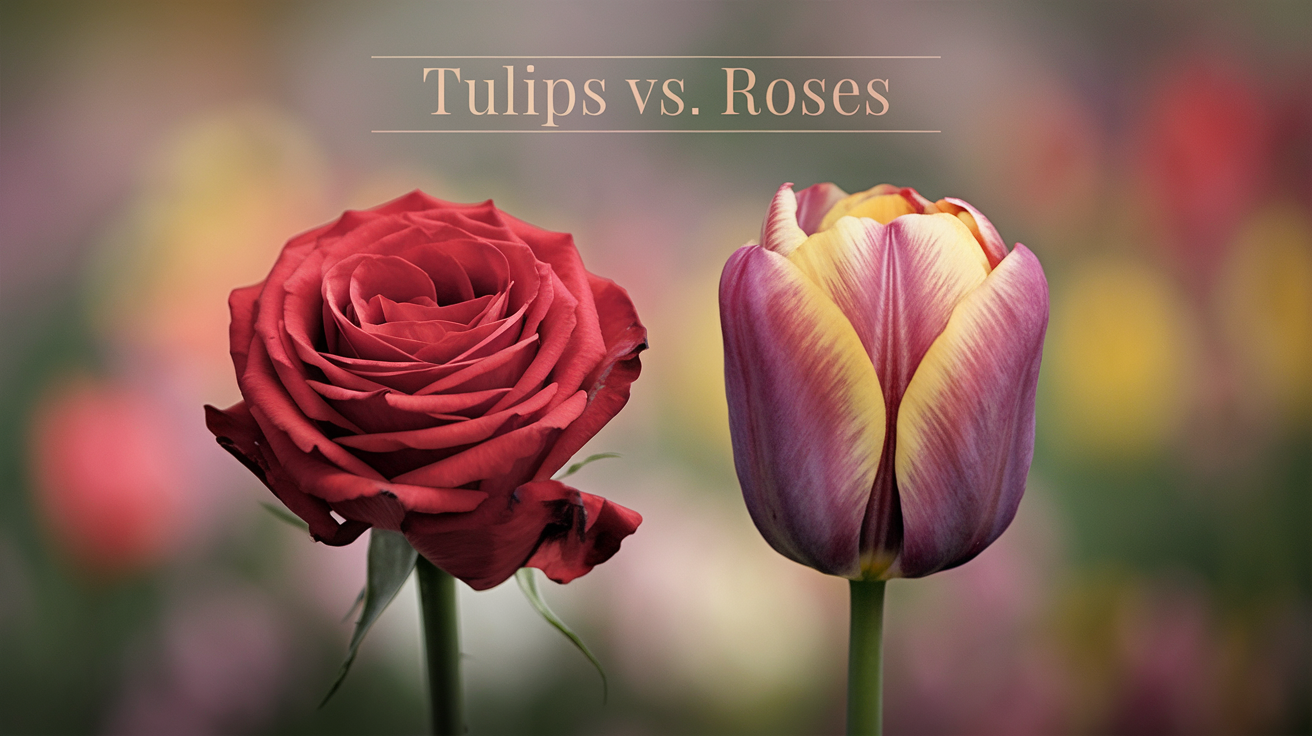 Create a realistic image of a side-by-side comparison of a vibrant red rose and a colorful tulip, both in full bloom, against a soft-focus garden background. The flowers should be of equal size, centered in the frame, with their stems visible. Include a subtle text overlay reading "Tulips vs. Roses" in an elegant font at the top of the image.