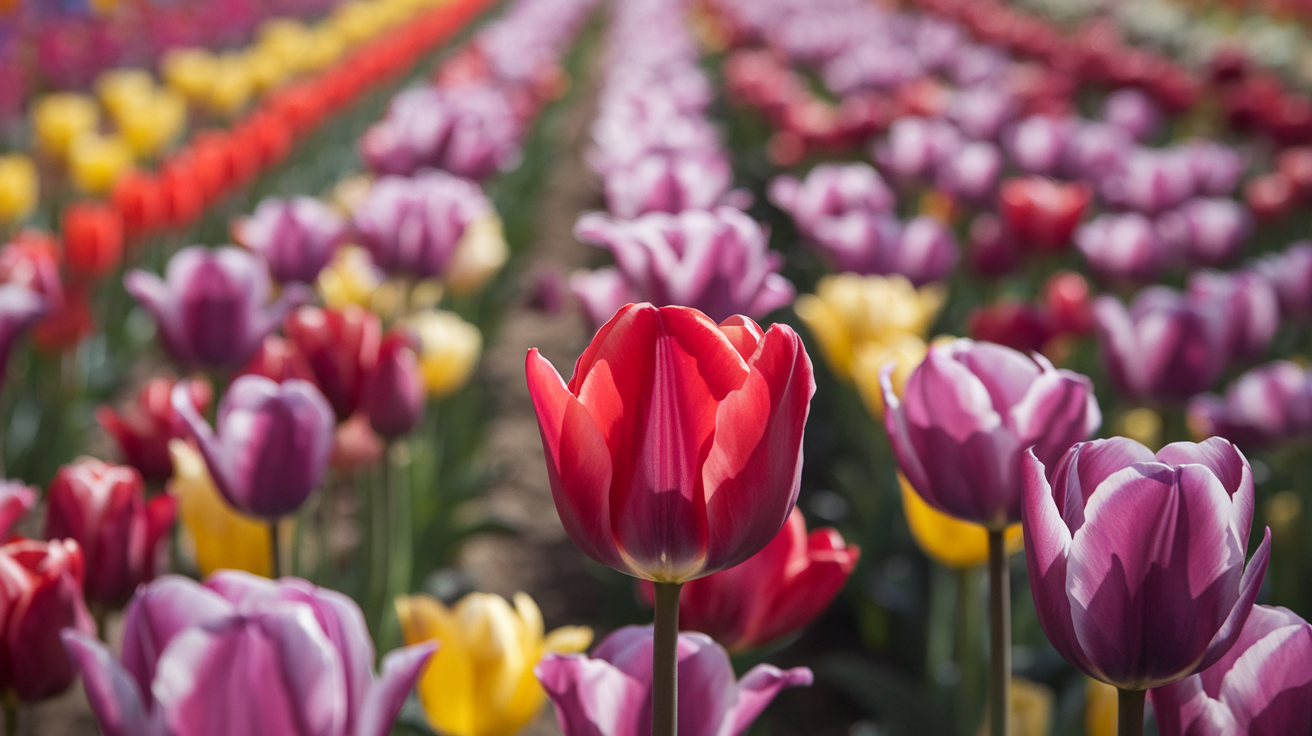 Create a realistic image of a vibrant tulip garden with rows of multicolored tulips in full bloom, showcasing their unique cup-shaped flowers and long, slender stems. A close-up view of a single red tulip in the foreground highlights its perfect symmetry and velvety petals. Soft sunlight filters through, creating a warm and inviting atmosphere that emphasizes the tulips' natural beauty and elegance.