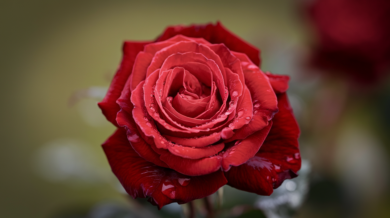 Create a realistic image of a close-up view of a vibrant red rose in full bloom, showcasing its velvety petals, intricate spiral pattern, and delicate stamens, with water droplets glistening on the petals, set against a soft, blurred green garden background, emphasizing the rose's distinctive features and beauty.
