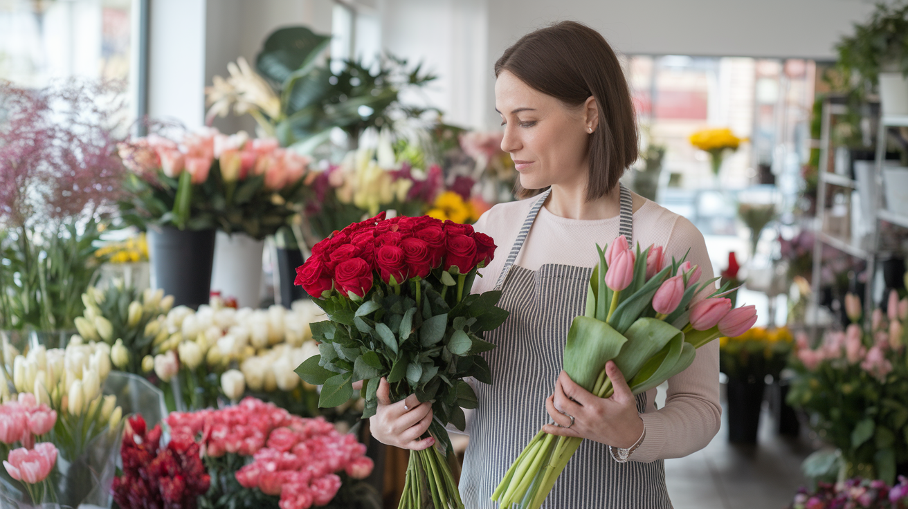Create a realistic image of a white female florist in her 30s, standing in a flower shop, holding a bouquet of red roses in one hand and a bouquet of pink tulips in the other, with a thoughtful expression on her face as she looks at both bouquets, surrounded by various colorful flowers and plants, with soft natural lighting coming through a shop window.