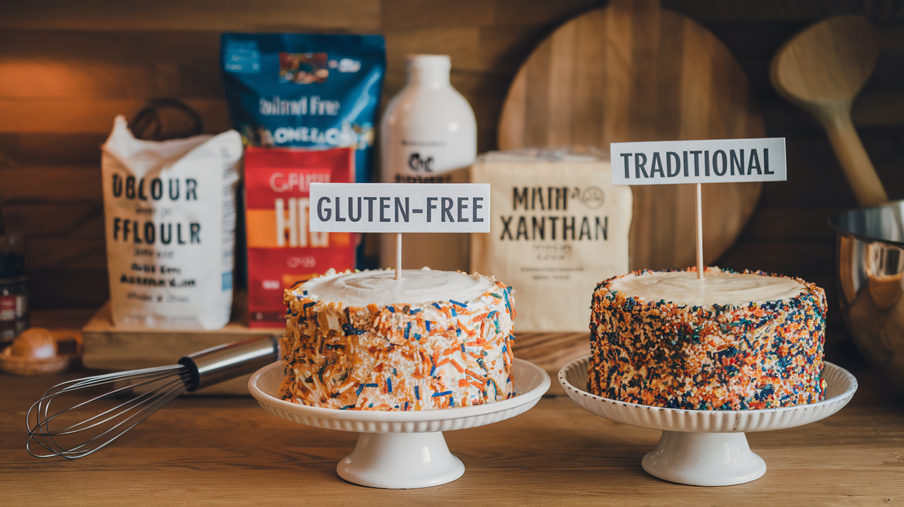 Create a realistic image of a kitchen countertop with two birthday cakes side by side, one labeled "Gluten-Free" and the other "Traditional", surrounded by various gluten-free ingredients like almond flour, rice flour, and xanthan gum, with a mixing bowl and whisk in the foreground, warm lighting emphasizing the textures of the cakes and ingredients.