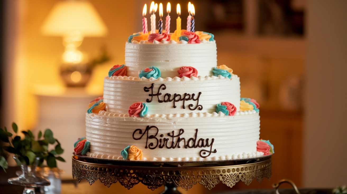 Create a realistic image of a traditional birthday cake with three tiers, covered in smooth white frosting and decorated with colorful piped roses, candles, and "Happy Birthday" written in elegant script, placed on an ornate cake stand against a warm, softly lit background suggesting a festive home setting.