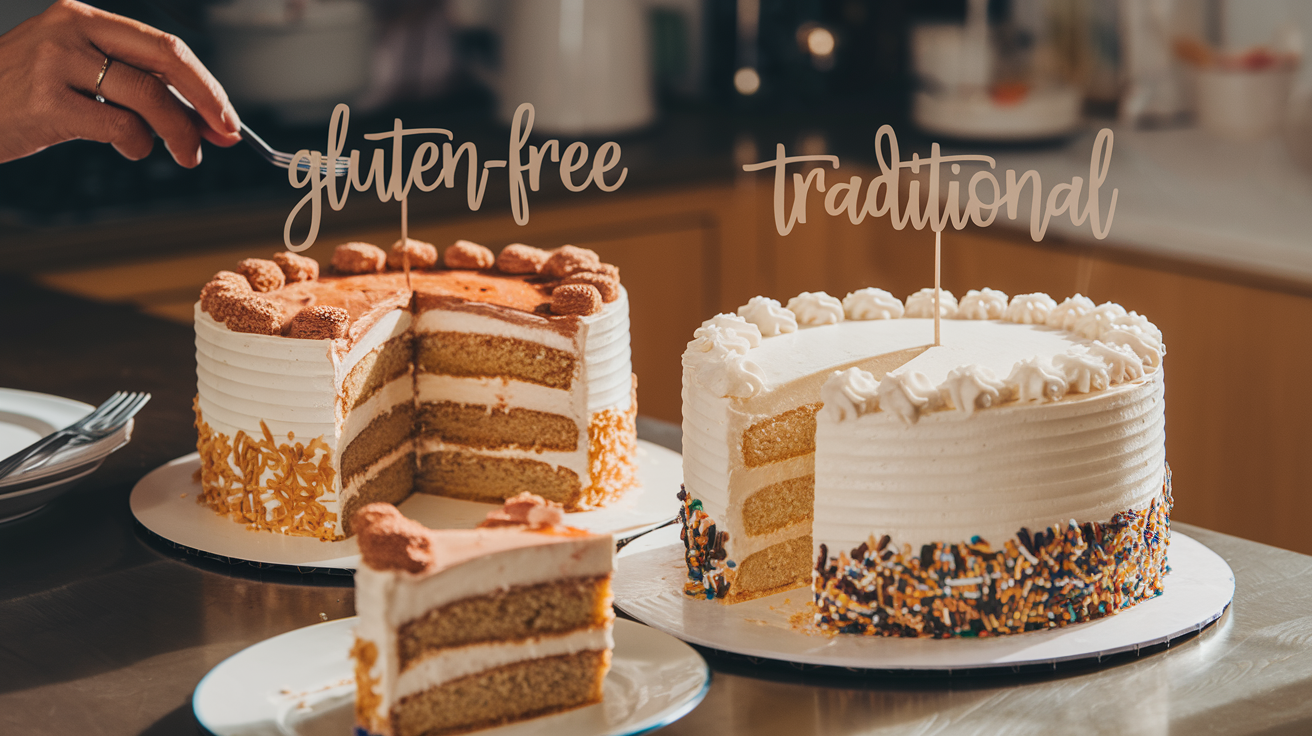Create a realistic image of two birthday cakes side by side on a kitchen counter, one labeled "Gluten-Free" and the other "Traditional", with small slices cut from each revealing their interior textures. A hand holding a fork is visible in the foreground, poised to taste-test. Warm, inviting lighting highlights the cakes' details and frosting differences.