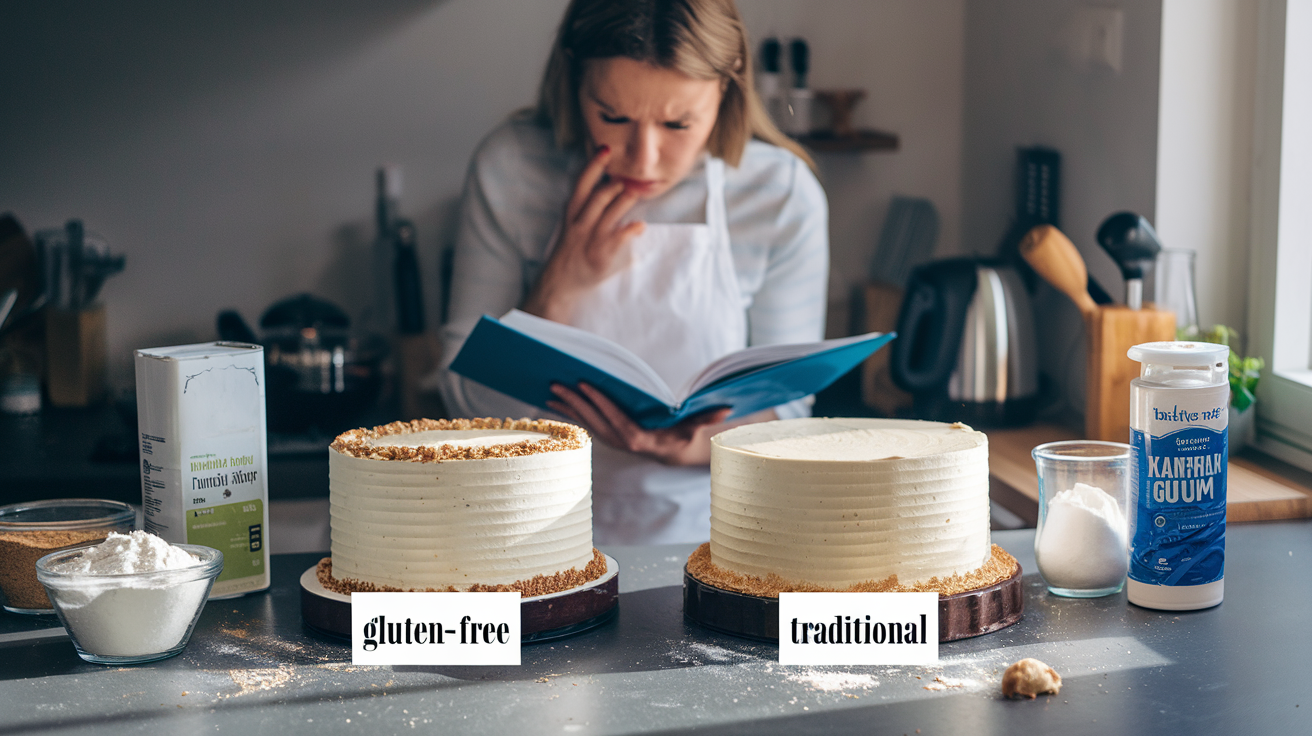 Create a realistic image of a kitchen countertop with two cakes side by side, one labeled "Gluten-Free" and the other "Traditional", surrounded by baking ingredients like gluten-free flour, xanthan gum, regular flour, and eggs, with a frustrated white female baker in the background consulting a recipe book, soft natural lighting from a nearby window, and a few crumbs and spills to suggest the challenges of baking.