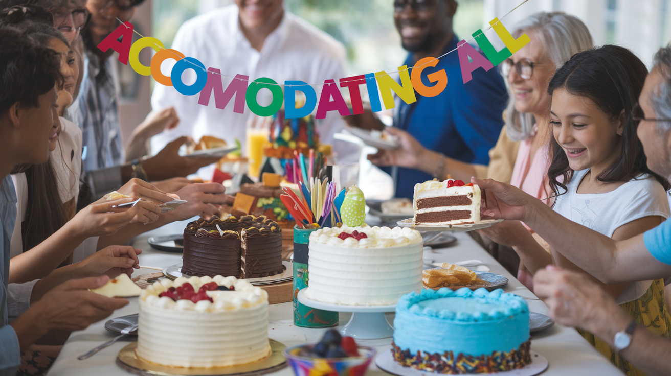 Create a realistic image of a diverse birthday party scene with gluten-free and traditional cakes side by side on a decorated table, surrounded by guests of various ages and dietary needs, including a white female child with celiac disease smiling as she receives a slice of gluten-free cake, and colorful "Accommodating All" banner hanging above.
