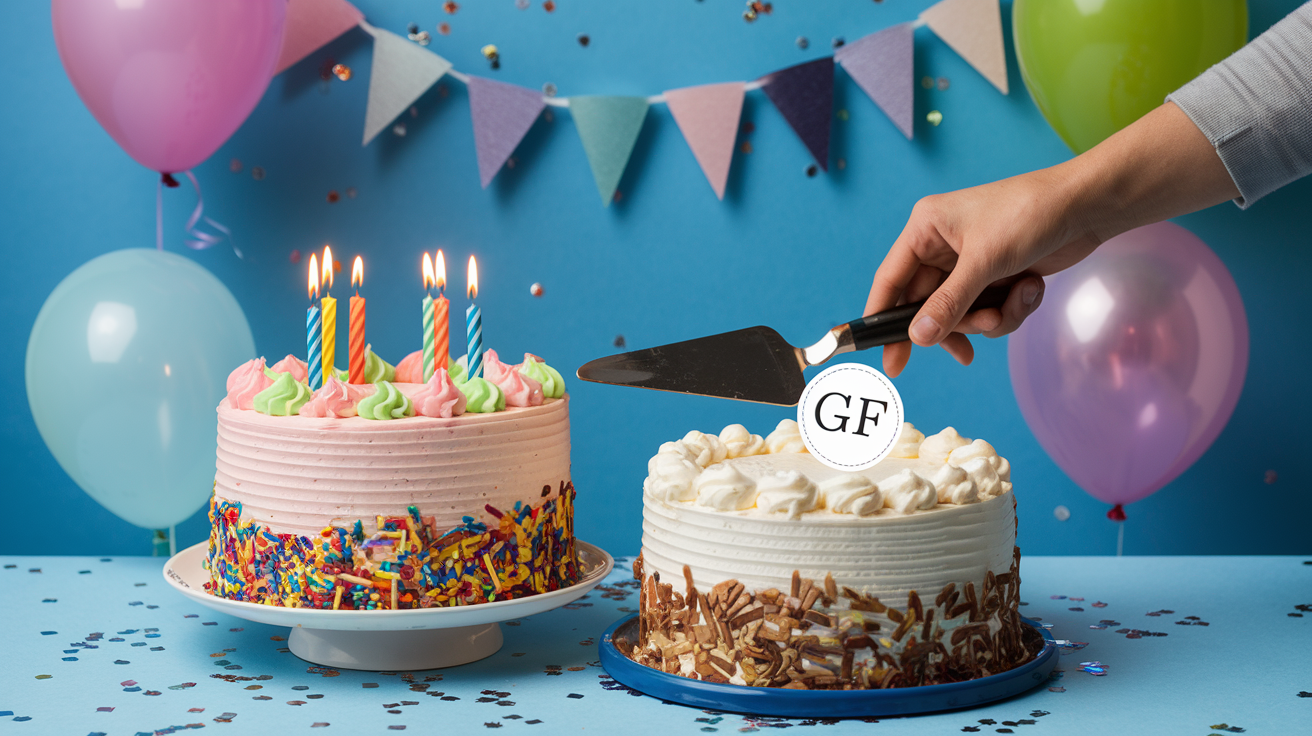 Create a realistic image of two birthday cakes side by side on a festive table: one traditional cake with colorful frosting and candles, and one gluten-free cake with a "GF" label. A hand holding a cake server hovers between them, suggesting a choice. Confetti and balloons in the background create a celebratory atmosphere.