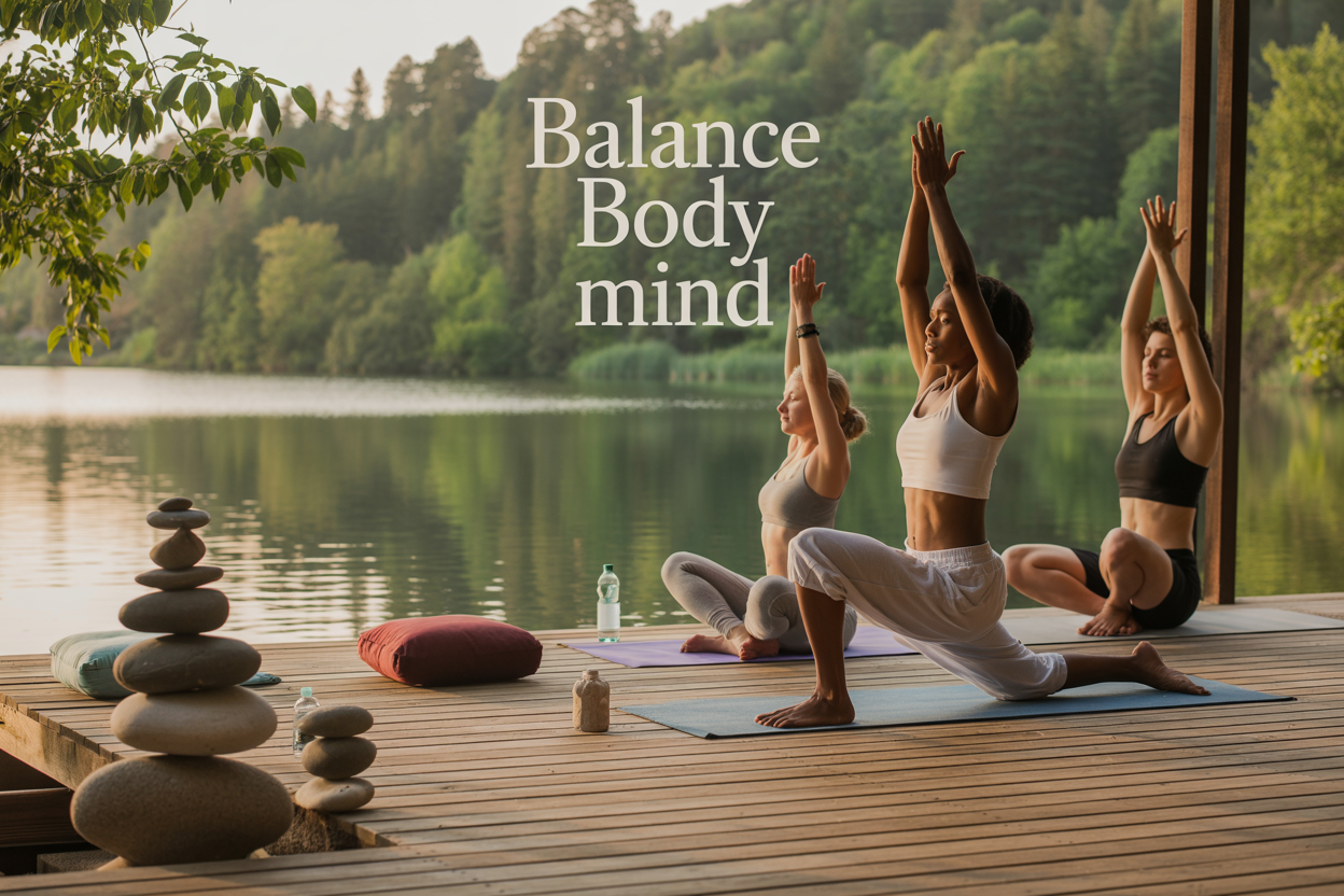 Create a realistic image of a serene wellness scene featuring a diverse group including a white female and black male in comfortable athletic wear practicing yoga poses on wooden decks overlooking a peaceful lake at golden hour, with soft warm lighting filtering through trees, meditation cushions and water bottles nearby, balanced stones stacked artistically in the foreground, lush greenery in the background, and the text "Balance Body Mind" elegantly overlaid in clean white font in the upper portion of the image, conveying tranquility and holistic wellness.