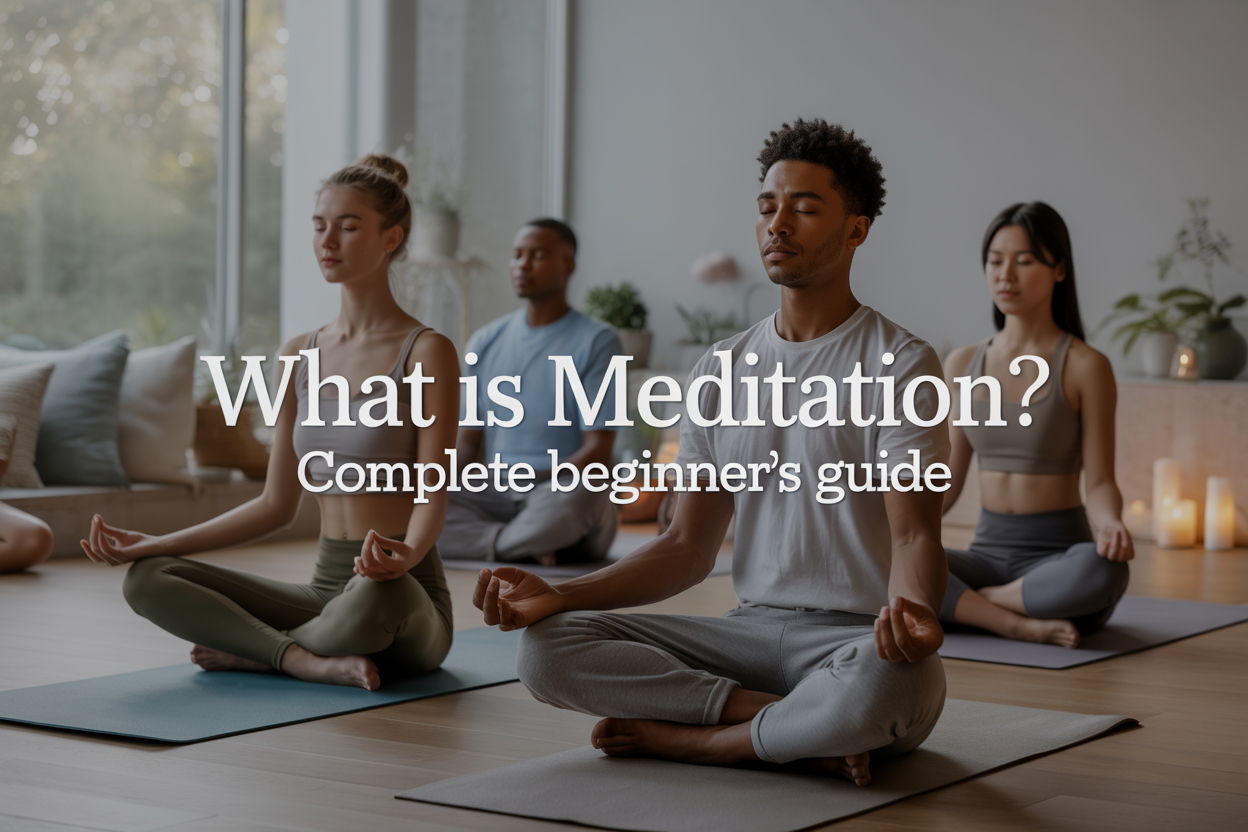 Create a realistic image of a peaceful meditation scene featuring a diverse group of people sitting cross-legged in lotus position on yoga mats in a serene indoor space with soft natural lighting streaming through large windows, including a white female, black male, and Asian female all with eyes gently closed and hands resting on their knees, surrounded by minimalist decor with plants, cushions, and candles, with the text "What Is Meditation? Complete Beginner's Guide" elegantly overlaid in clean, modern typography, conveying a sense of tranquility, mindfulness, and accessibility for newcomers to meditation practice.