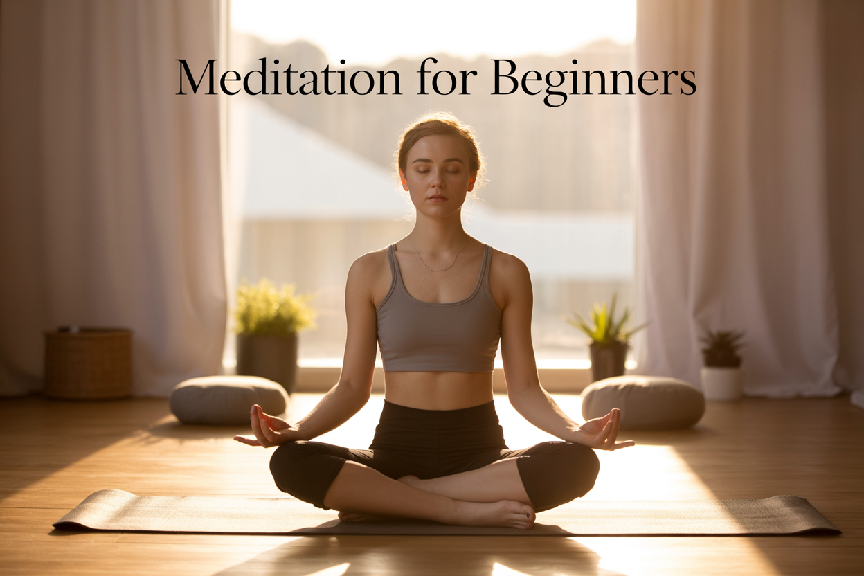 Create a realistic image of a peaceful young white female in her 20s sitting cross-legged on a yoga mat in a minimalist room with soft natural lighting from a window, eyes gently closed in meditation pose, hands resting on knees, with small potted plants and meditation cushions in the background, warm golden hour lighting creating a serene atmosphere, with the text "Meditation for Beginners" elegantly overlaid in clean modern font at the top of the image.
