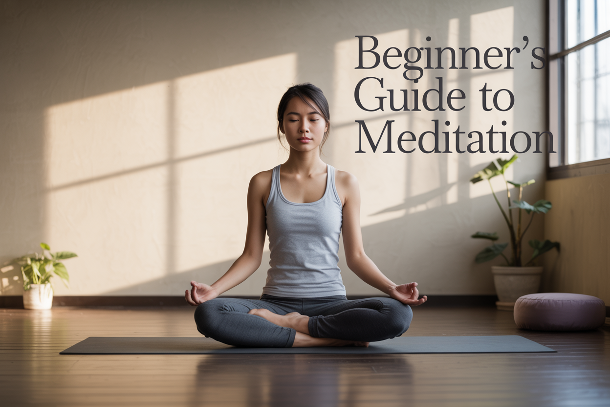 Create a realistic image of a serene meditation scene featuring a young Asian female sitting cross-legged in lotus position on a yoga mat in a peaceful indoor space with soft natural lighting streaming through a window, surrounded by minimal elements like a small potted plant and meditation cushion, with calm neutral tones and gentle shadows, overlaid with the text "Beginner's Guide to Meditation" in elegant, readable typography positioned in the upper portion of the image.