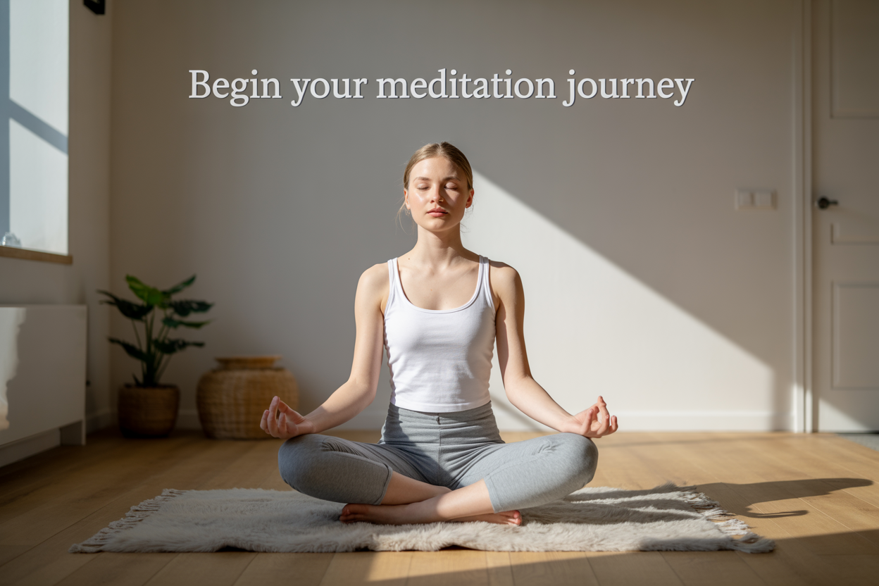 Create a realistic image of a peaceful young white female in her twenties sitting cross-legged on a soft meditation cushion in a minimalist, serene room with natural lighting from a nearby window, her eyes gently closed and hands resting on her knees in a relaxed meditation pose, surrounded by subtle elements like a small potted plant and wooden floor, with soft morning sunlight creating a calm atmosphere, and the text "Begin Your Meditation Journey" elegantly displayed in the upper portion of the image in clean, readable font.