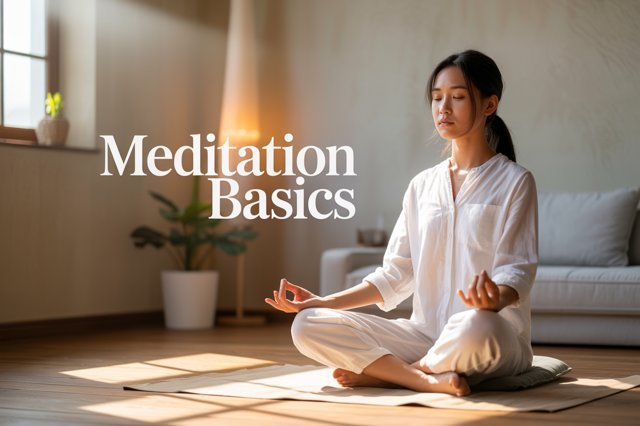 Create a realistic image of a serene meditation scene featuring a young Asian female in comfortable white clothing sitting cross-legged on a soft cushion in a peaceful indoor space with warm natural lighting streaming through a nearby window, surrounded by subtle elements like a small potted plant, wooden floor, and soft neutral-toned walls, with her eyes gently closed and hands resting on her knees in a meditative posture, conveying a calm and focused atmosphere, with the text "Meditation Basics" elegantly displayed in simple, clean typography in the upper portion of the image.