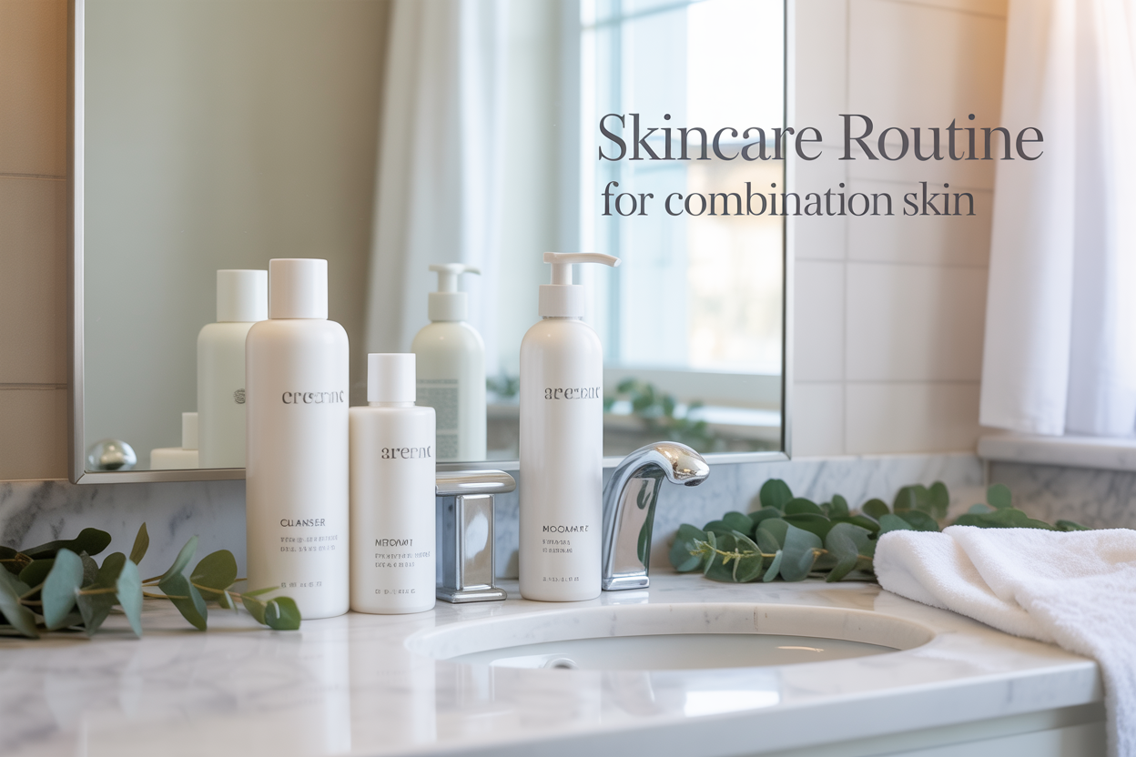 Create a realistic image of a clean, modern bathroom vanity with skincare products specifically for combination skin arranged neatly on white marble countertop, featuring a gentle cleanser, toner, moisturizer, and serum bottles in minimalist packaging, with a large mirror reflecting soft natural lighting from a window, and elegant text overlay reading "Skincare Routine for Combination Skin" in modern sans-serif font, surrounded by fresh green eucalyptus leaves and a soft white towel, creating a spa-like atmosphere with bright, clean lighting.