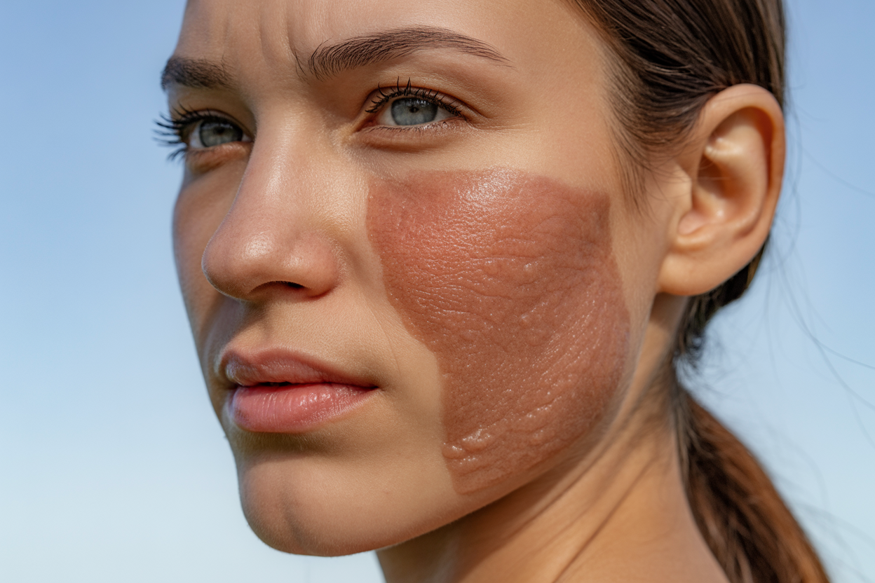 Create a realistic image of a close-up view of a woman's face showing different skin zones typical of combination skin, with the T-zone area appearing slightly oily and shiny while the cheek areas look normal to dry, shot in natural daylight with soft lighting that clearly shows the skin texture variations, the woman should be white with clean natural makeup, positioned at a three-quarter angle to showcase the different skin characteristics across her face, with a clean neutral background, absolutely NO text should be in the scene.