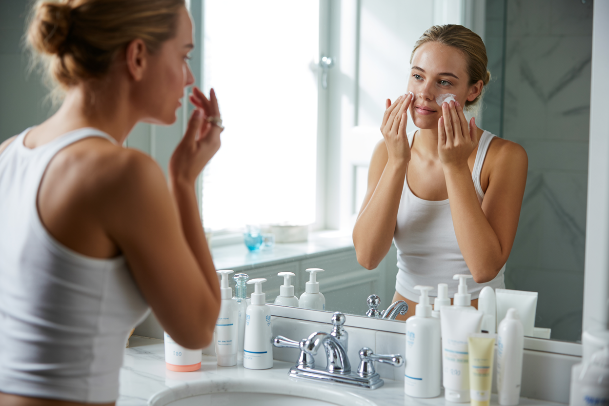 Create a realistic image of a white female in her twenties performing her morning skincare routine at a well-lit bathroom vanity, applying cleanser to her face with gentle circular motions, surrounded by neatly arranged skincare products including bottles and tubes on a clean marble countertop, with natural morning light streaming through a window creating a fresh and clean atmosphere, shot from a slightly angled perspective showing both the person and the organized skincare products, absolutely NO text should be in the scene.