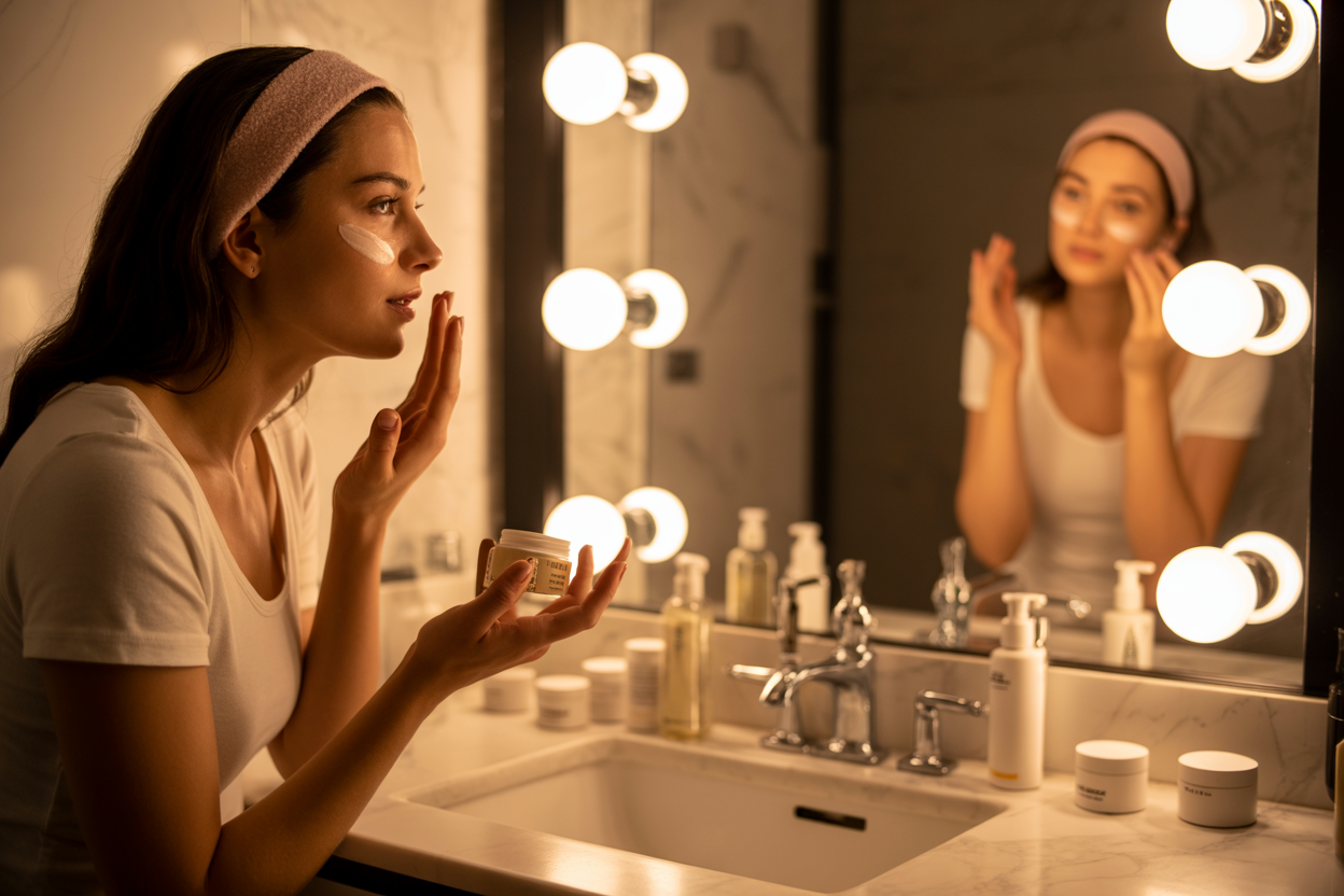 Create a realistic image of a white female in her late twenties performing an evening skincare routine in a modern bathroom, applying a cream or serum to her face with gentle upward motions, wearing a soft headband to keep hair away from face, surrounded by elegant skincare bottles and jars arranged on a marble countertop, with warm ambient lighting from vanity lights creating a peaceful and luxurious atmosphere, mirror reflection visible in background, absolutely NO text should be in the scene.