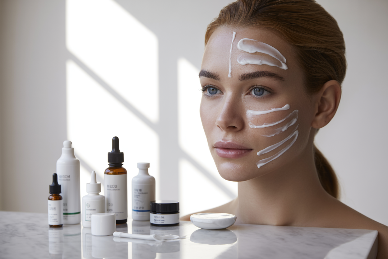 Create a realistic image of a white female model's face divided into distinct zones with different skincare products being applied to each area, showing a T-zone with oil-control serum on the forehead and nose, hydrating cream on the dry cheek areas, and a gentle treatment around the eye area, with various skincare product bottles and applicators arranged nearby on a clean white marble surface, soft natural lighting from the side creating gentle shadows, clinical yet elegant atmosphere, absolutely NO text should be in the scene.