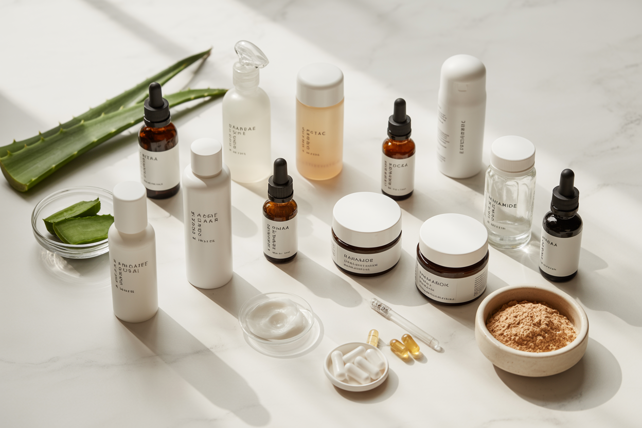 Create a realistic image of various skincare products and ingredients arranged on a clean white marble surface, including serums in dropper bottles, moisturizers in glass jars, gentle cleansers, and natural ingredients like aloe vera leaves, hyaluronic acid capsules, and niacinamide powder in small bowls, with soft natural lighting from above creating subtle shadows, representing a curated selection of skincare essentials for combination skin care, shot from a top-down perspective with a minimalist aesthetic, absolutely NO text should be in the scene.