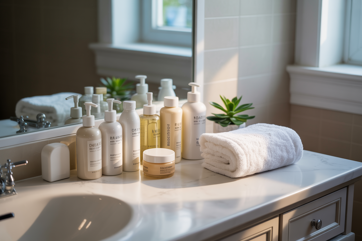 Create a realistic image of a clean white marble bathroom countertop featuring an organized skincare routine display with various glass bottles, pump dispensers, and cream jars arranged in a neat line, soft natural lighting from a nearby window creating gentle shadows, a folded white cotton towel placed beside the products, a small green succulent plant adding a fresh touch, and a subtle mirror reflection in the background showing part of the organized skincare collection, all captured in a minimalist and calming atmosphere that suggests completion and satisfaction with a well-established routine, absolutely NO text should be in the scene.