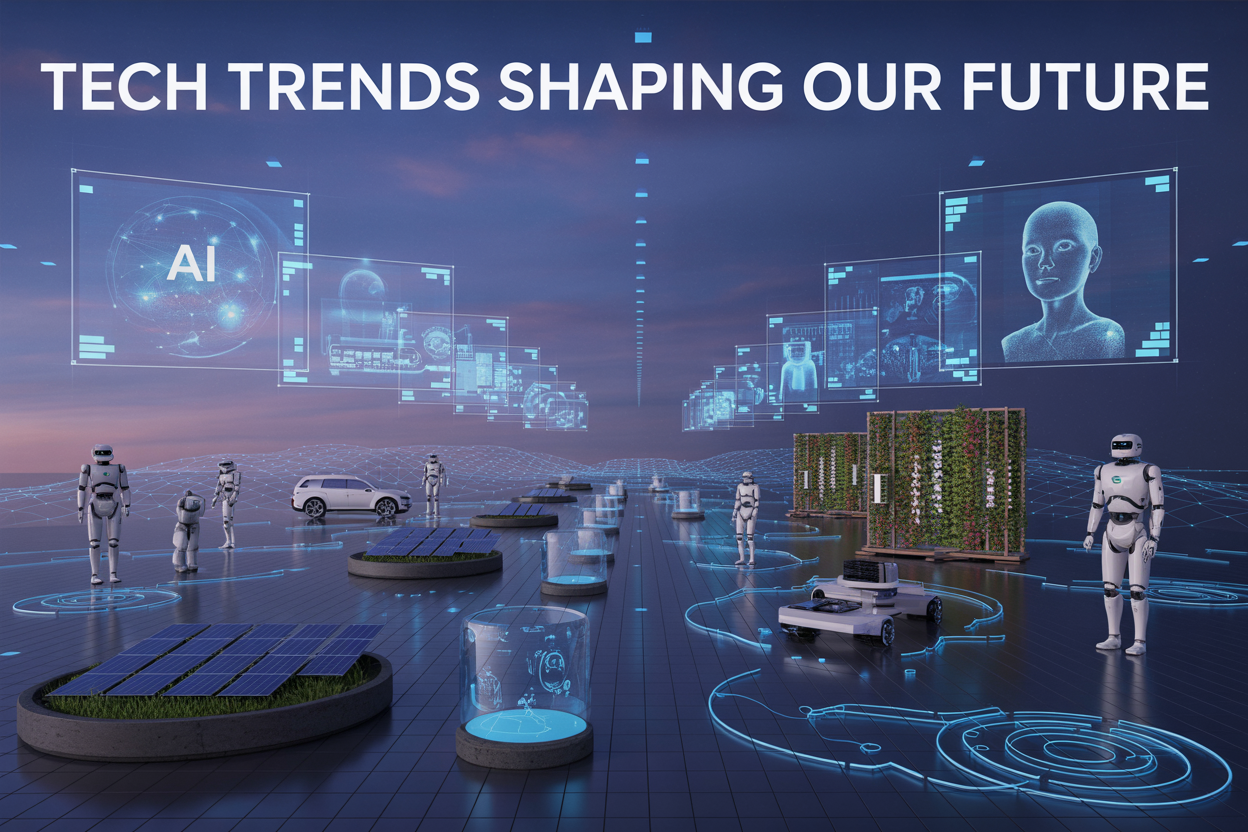 Create a realistic image of a futuristic tech landscape with holographic displays showing AI interfaces, quantum computing visualizations, and extended reality environments, alongside sustainable tech elements like solar panels and vertical gardens, with robotic systems and autonomous vehicles in the background, all connected by glowing data streams, under the text "Tech Trends Shaping Our Future" with a blue and purple digital gradient lighting the scene.